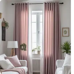 Pink curtains in cozy bedroom